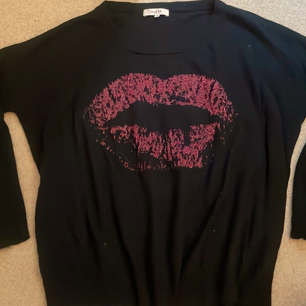 MILLY CASHMERE LAMBSWOOL SCOOP NECK BLACK METALLIC LIPS SWEATER  MEDIUM